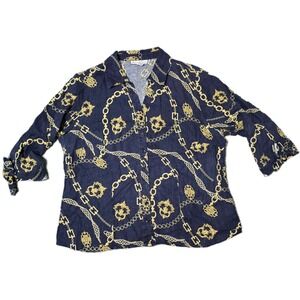 JM Collection Woman 16W Button Down Top Blouse Gold Chain Print Linen Blend‎ (J)